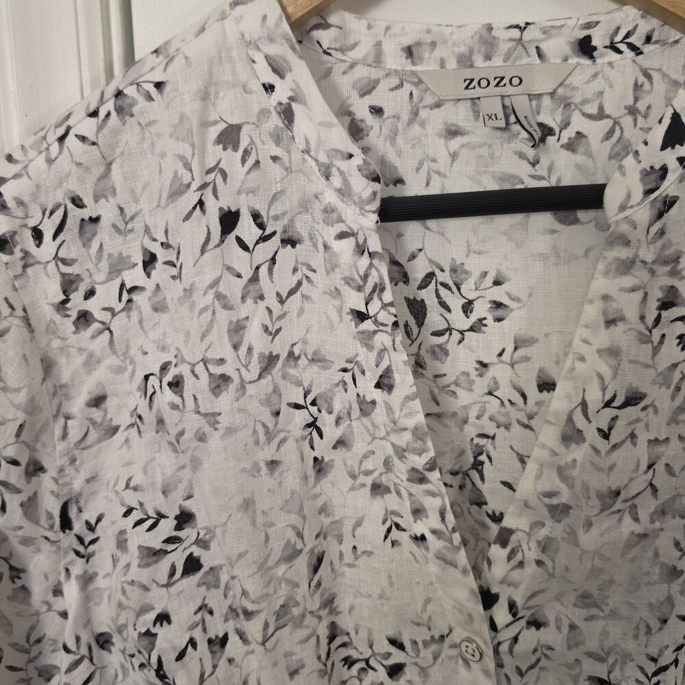 ZOZO Linen Button Up Women’s White Floral Shirt XL Tassel Boho Beach Lightweight